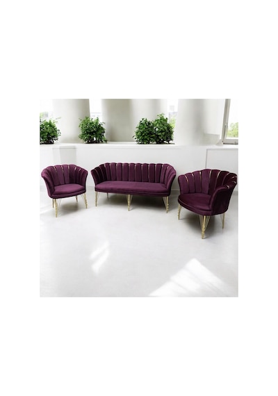 Bordo Kumaş Gümüş Metal Ayak - Balkon Ofis Bekleme Çay Seti Koltuk Takımı Bordo