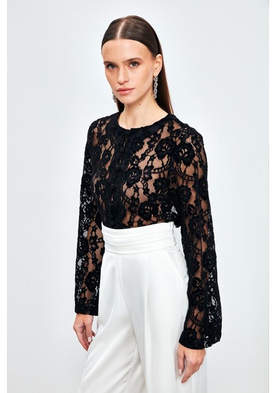 Sateen Dantelli Crop Bluz - Siyah