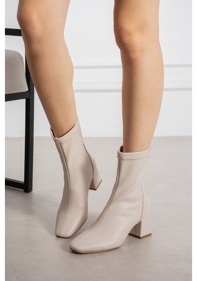 Dabab Shoes Lara Kadın Bej Cilt Streç Küt Burun Fermuarlı 6 Cm Kalın Topuklu Bot Bootie