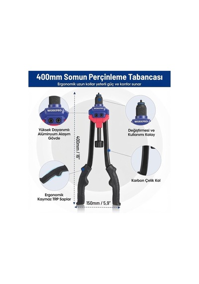 Workpro Wp200532 400 Mm Ağır Hizmet Kollu Somun Perçinleme Tabancası + 185 Parça Somun Perçin Seti
