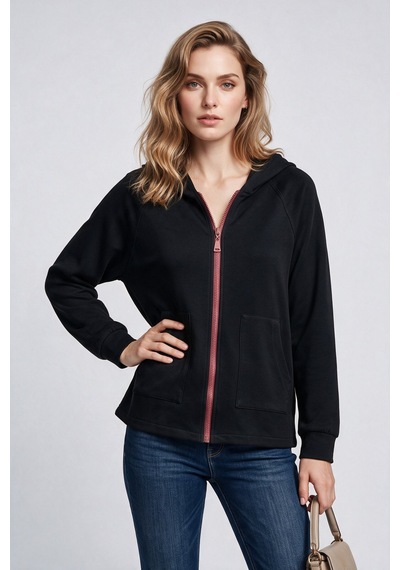 On Kadın Kapüşonlu Tam Fermuarlı Reglan Kol Cepli Sweatshirt Siyah