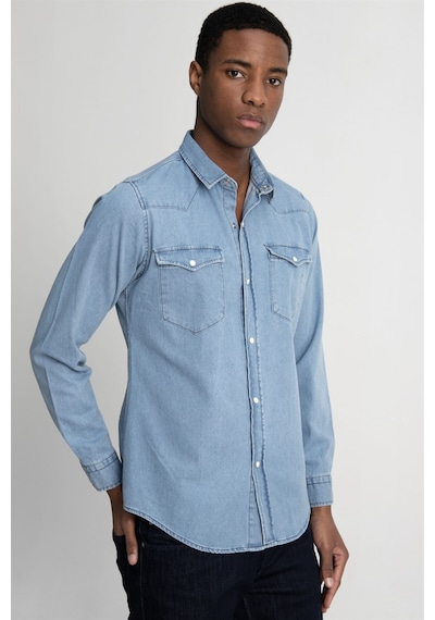 Tudors Slim Fit Çift Cep Kapaklı Parça Dikişli Denim Erkek Mavi Gömlek-26882-mavi Mavi