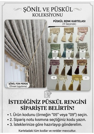 Şönil Fon Perde Çift Kanat 1/3 Sıklık Püsküllü Haki