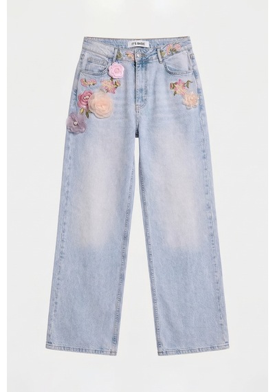 Itsbasic Kadın Kot Rengi 4s6-89 Straight Fit Gül Ve Nakış Detaylı Özel Tasarım Denim Jean Mavi