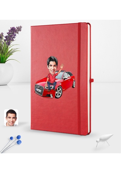 Kişiye Özel Plakalı Erkek Audi A3 Karikatürlü Kırmızı Termo Deri N11.245