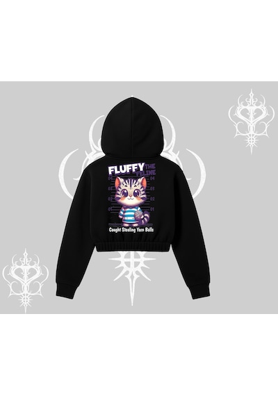 Startmore Fluffy The Feline Yazılı Sevimli Kedi Arka Baskılı Kapşonlu Crop Sweatshirt Siyah