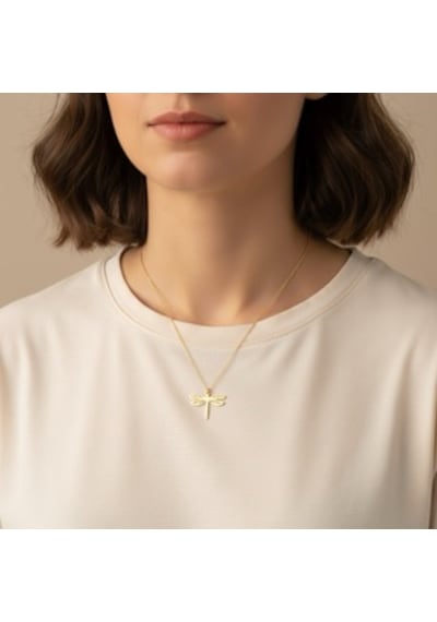 İsimli Dragonfly Yusufçuk Kolye Minimalist Altın Kaplama Tasarım, 925 Ayar Gümüş Gümüş