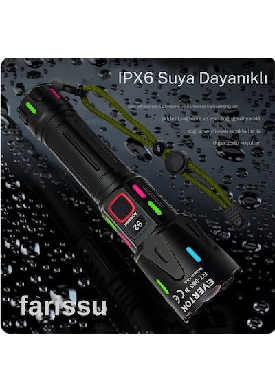 Ultra Güçlü Beyaz Lazer Led El Feneri - 2 Km Menzilli & Powerbank Özellikli Çift Pil Setli Siyah