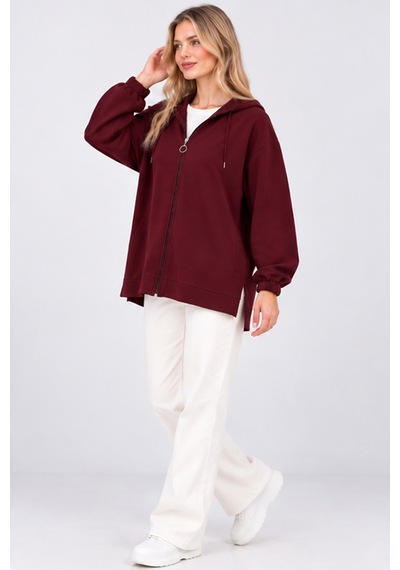 Fiolin Kristal 2 İplik Salaş Fermuarlı Sweatshirt Bordo
