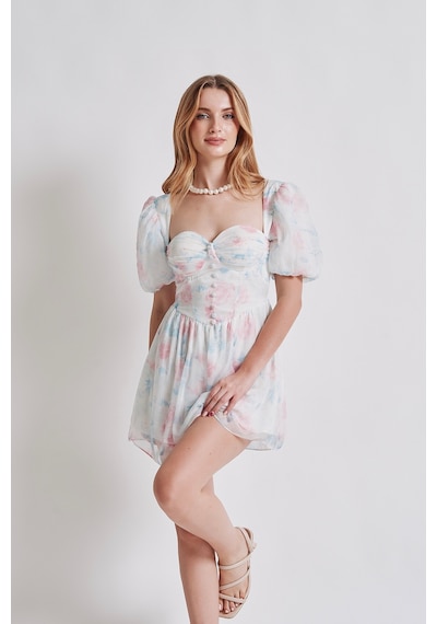 Rabia Çelik Top Düğmeli Çiçek Desenli Şifon Beyaz Elbıse Beyaz Beyaz