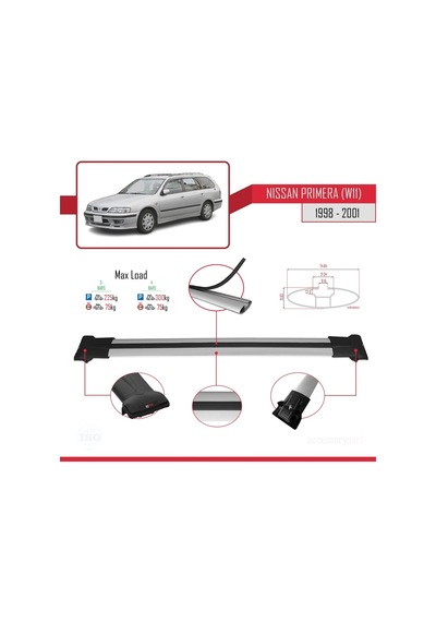 Nissan Primera W11 1998-2001 Arası İle Uyumlu Fly Model Ara Atkı Tavan Barı Gri 3 Adet Bar