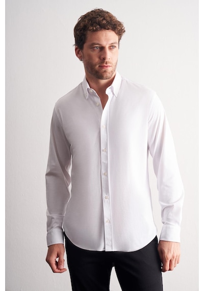 İmza Beyaz Düğmeli Yaka Örme Uzun Kol Performans Ürün Slim Fit Esnek Gömlek 1004255270 Beyaz