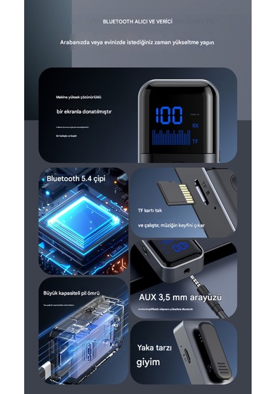 2 İn 1 Bluetooth Adaptör Alıcı Verici Bluetooth 5.4 Receiver Tf Kart Girişli Aux Wireless Araç Kiti