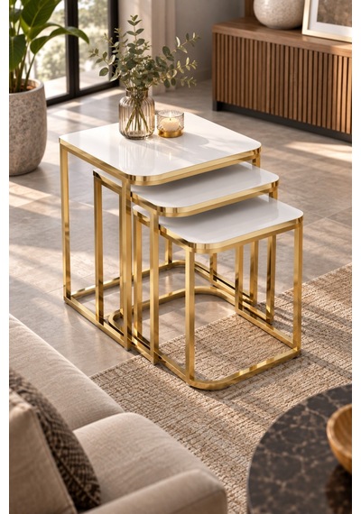 Sulorahome Beyaz 3'lü Zigon Sehpa Seti Gold Metal Ayaklı