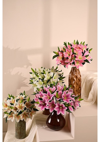 Pembe Yapay Zambak Çiçeği 2 Dallı Premium Canlı Islak Dokulu 45 Cm