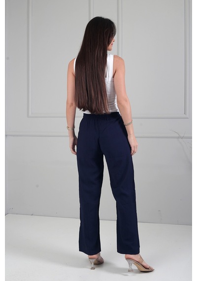By Saygı Kadın Beli Lastikli Cepli Çilek Bol Paça Pantolon Lacivert