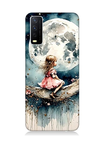 Vivo Y20s Uyumlu Ay Üzerinde Hayalci Kız Desenli Silikon Kılıf Çok Renkli