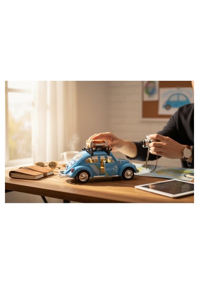 Klasik Işıklı Sesli Metal Araba Mavi Valizli Retro Beetle - 15 Cm