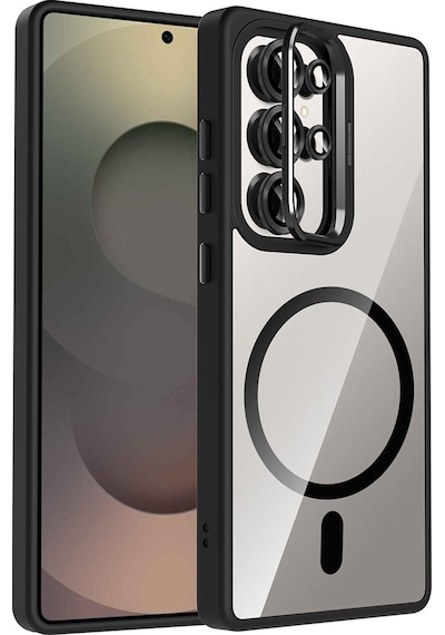 Galaxy Uyumlu S25 Ultra Kılıf Standlı + Kamera Lens Koruma Setli M-safe Şarj Özellikli Mkst Siyah Siyah