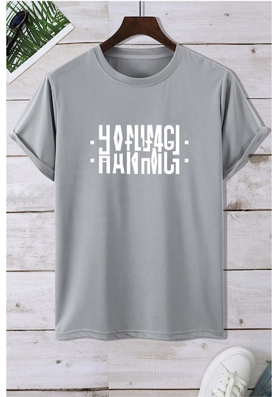 Uyguntarz Hanımcı Yazılı Katlamalı Tasarım Tshirt Gri
