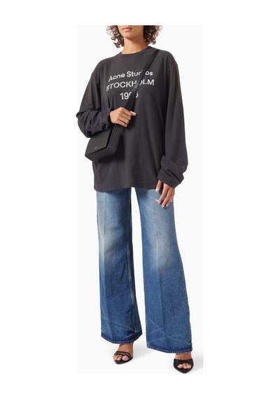 Acne Studios 1996 Logo Baskılı Tişört - Pamuk Karışımı - Oversize Kesim & Yıpranmış Detaylar Siyah