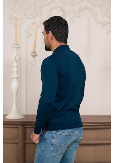 Woolen World Polo Yaka Slimfit Desenli Yünlü Erkek Triko Kazak İndigo