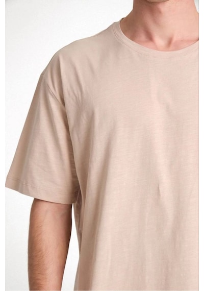 Erkek Düz Tişört Bisikilet Yaka Kısa Kol Oversize T-shirt - Bej