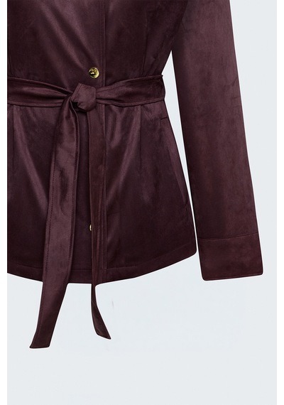 Sateen Kuşaklı Süet Ceket - Bordo-138099