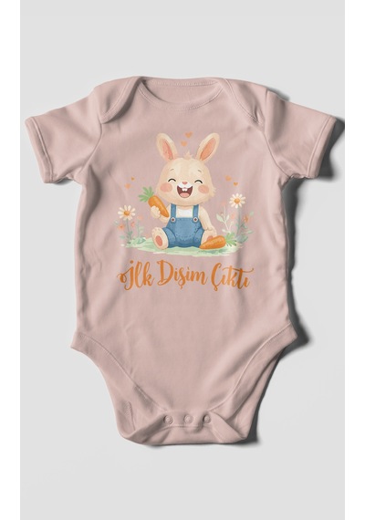 Morivokids İlk Dişim Çıktı Kısa Kollu Bebek Body %100 Pamuk Zbn119-kk Pastel Pembe