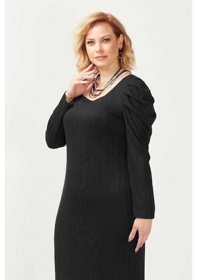 Moda Berray 3228 Havalı Kol Büyük Beden Şık Triko Elbise Siyah Siyah