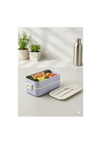 Lunch Box Kendinden Çatal Kaşıklı Estetik 2 Katlı Taşınabilir Yemek Kabı Mavi