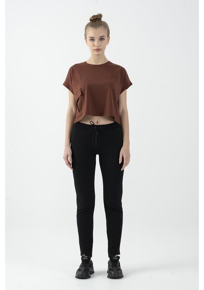 Maraton Sportswear Comfort Kadın Bisiklet Yaka Kısa Kol Basic Kahverengi Crop Top 20856 Kahverengi