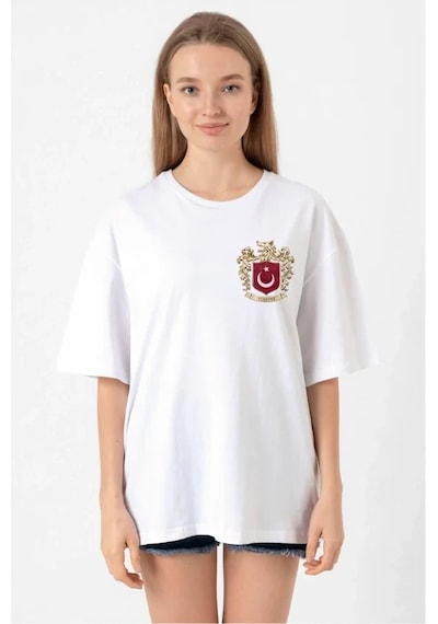 Defymoda Türk Arma Baskılı Oversize Bisiklet Yaka Günlük T-shirt - Beyaz