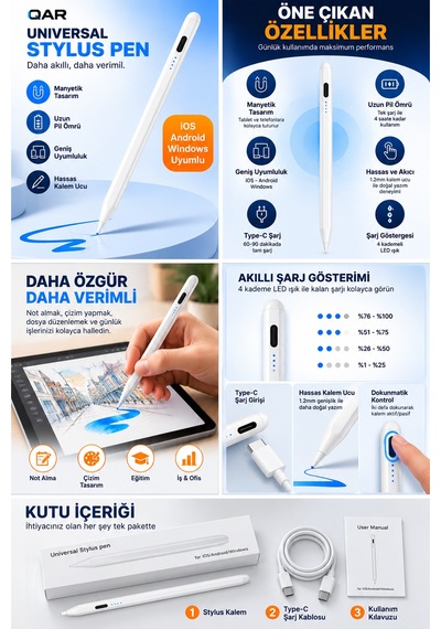 Universal Stylus Kalem Dokunmatik Tablet Telefon Kalemi İos Android Windows Uyumlu Type-c Şarjlı Pil Göstergeli İnce Uçlu Çizim Yazı Kalemi