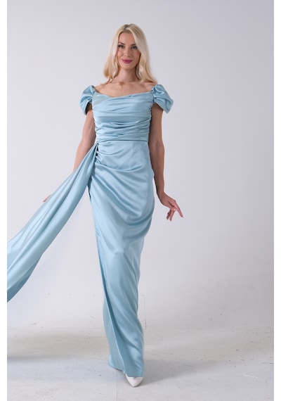 Feminist Turkuaz Drape Detaylı Saten Kumaş Abiye Elbise 9704858.14