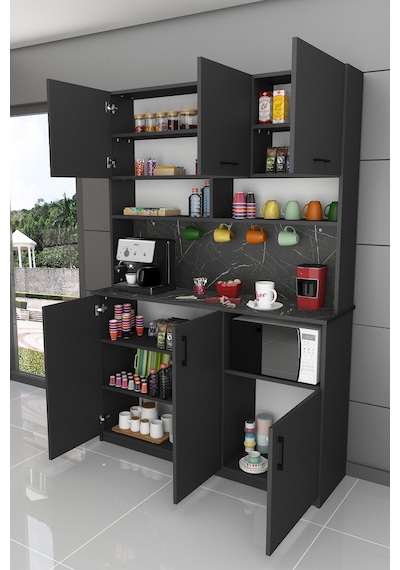 Asra Trend Kahve Köşesi KAHVE03 %100 MDF Çok Amaçlı Mutfak Dolabı Antrasit - Royal Mermer