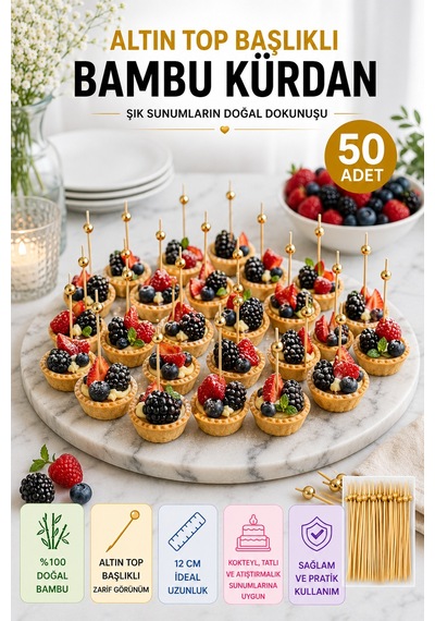 50 Li Altın Top Başlıklı 12 Cm Bambu Kürdan Seti Kokteyl, Tatlı Ve Davet Sunumları İçin Şık Seçim