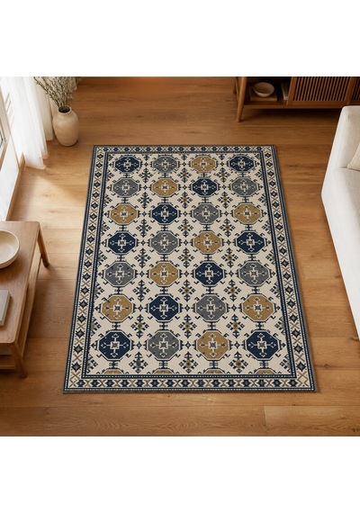 Kartela Halı Afgan Türkmen Desenli Otantik Halı Lacivert Kaymaz Taban 100x150 Cm