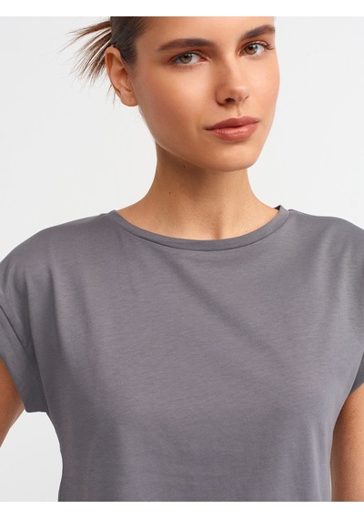 Dilvin Bisiklet Yaka Penye T-shirt-füme Füme