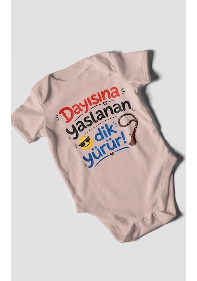 Morivokids Dayısına Yaslanan Dik Yürür Kısa Kollu Bebek Body %100 Pamuk Pastel Pembe