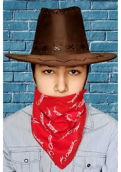 Uniquetrenders Çocuk Unisex Bandanalı Nubuk Kovboy Şapkası 8-14 Yaş Kahverengi 5
