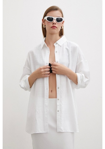 Never More Oversize Keten Gömlek Beyaz Beyaz