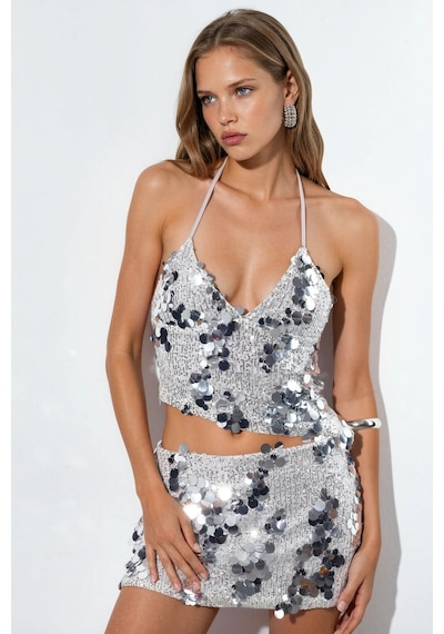 Hiccup Busem Pullu Halter Crop Üst Gümüş Gri