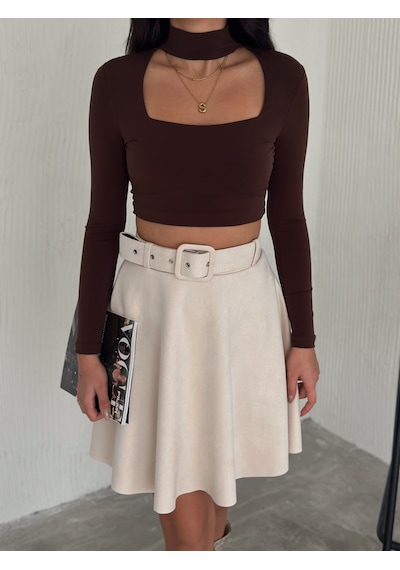 Ozy Fashion Kadın Krem Rengi Midi Boy Kemerli Süet Kloş Etek Krem