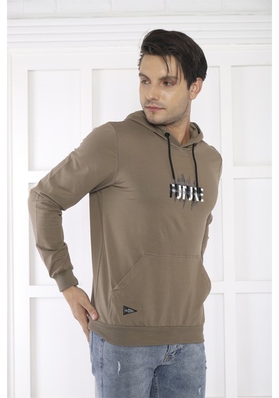 Escetic Spor Erkek Haki Cepli, Kapüşonlu Sweatshirt-4166