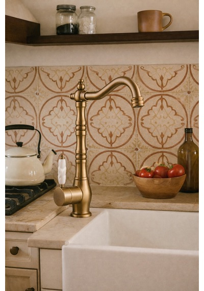 Rena Design Rustik Mat Gold Mutfak Evye Bataryasi Otantik Osmanli Prinç Gövde Vintage Tasarim Mat Altin