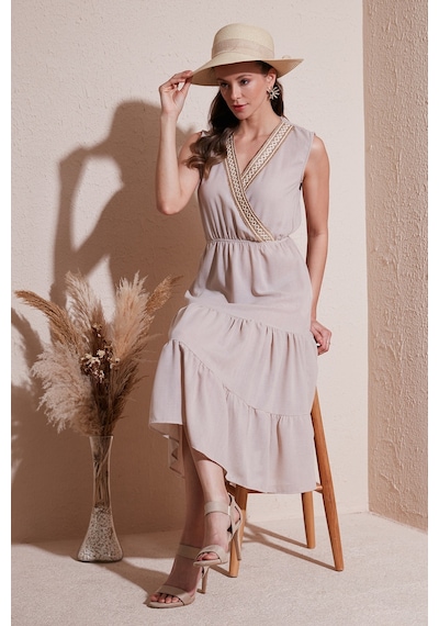 Lela Regular Fit Kruvaze Yaka Midi Bayan Elbise 6118103 Taş
