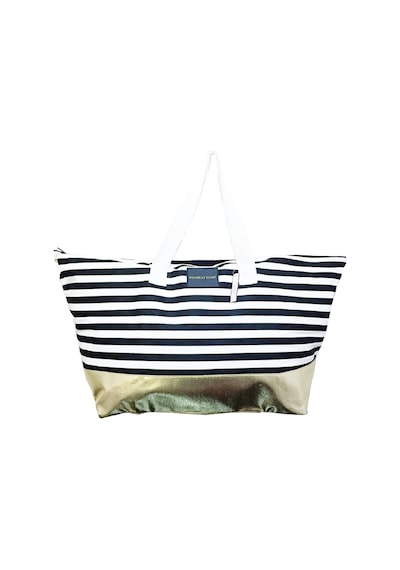 Victoria's Secret Vs Siyah Beyaz Çizgili Gold Taban Askılı Duffle Carryall Tote Siyah