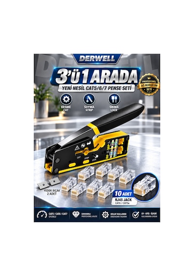 3in1 Rj45 Cat6 Konnektör Seti 10 Adet Paket - Altın Kaplama Network Ezme Jakı - İnternet Ve Ethernet Utp Kablo Başlığı - Yüksek Hızlı Veri İletimi Uyumlu - Profesyonel Ağ Kurulumu Modeli Jak Seti