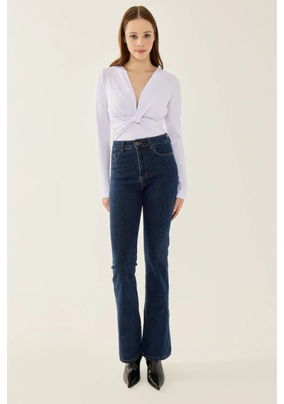 Hiccup V Yaka Uzun Kollu Slim Fit Bodysuit Tozlu Beyaz
